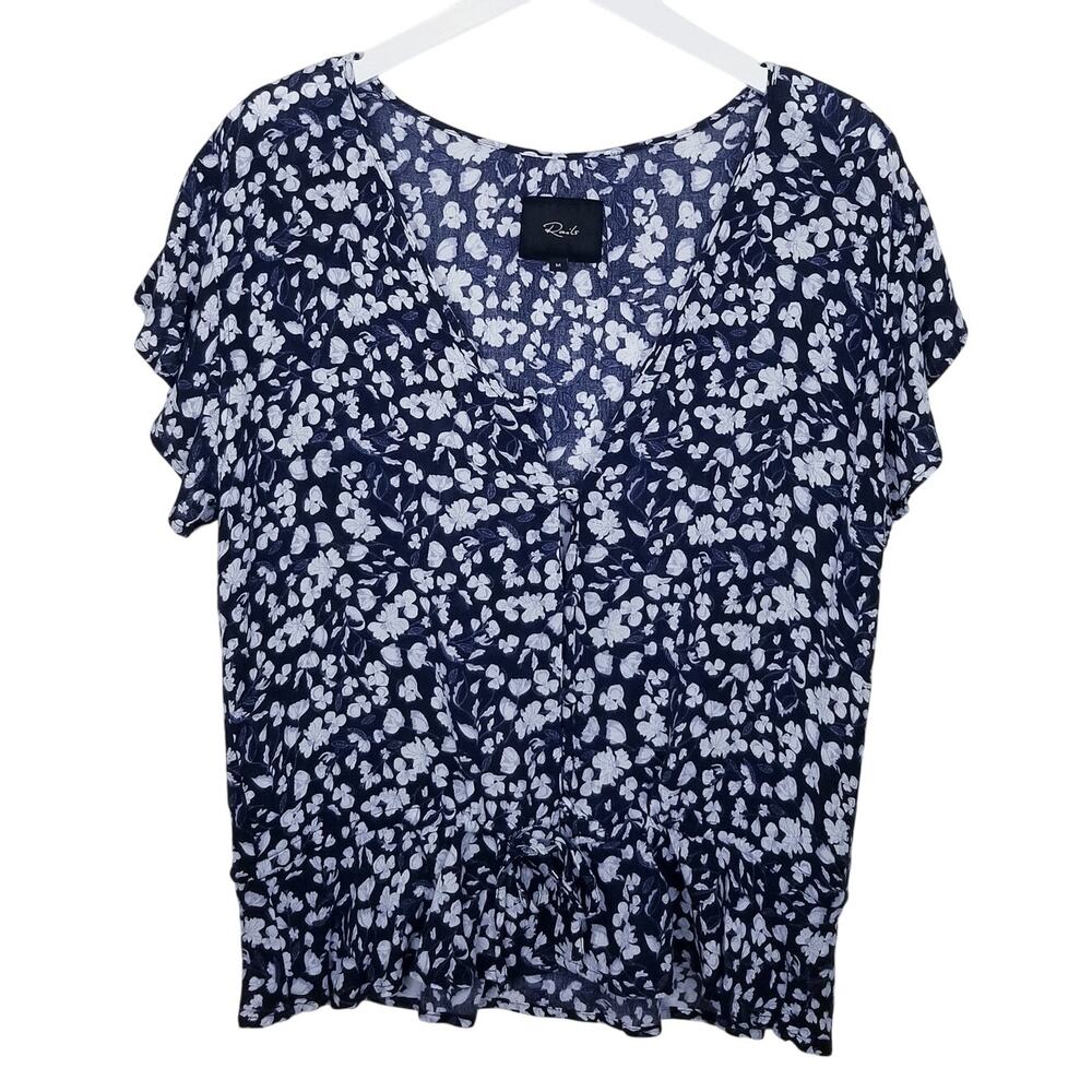 RAILS Navy White Floral Blouse Peplum Tie Waist Flutter Sleeves Size M